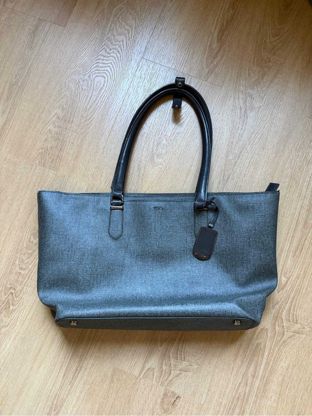 TUMI Sinclair Q-Tote Earl Grey Gray Coated Canvas Brown Leather Tote Bag